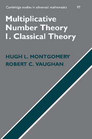Cover of the book 'Multiplicative Number Theory I: Classical Theory' by Hugh L. Montgomery at University of Michigan, Ann Arbor and Robert C. Vaughan at Pennsylvania State University featuring a dark gray cover with a diagonal dark blue-gray strip.