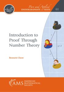 Cover of the book 'Introduction to Proof Through Number Theory' by Bennett Chow featuring white cover with an orange ribbon at the top and bottom of the book. The AMS logo is centered in the bottom orange ribbon.