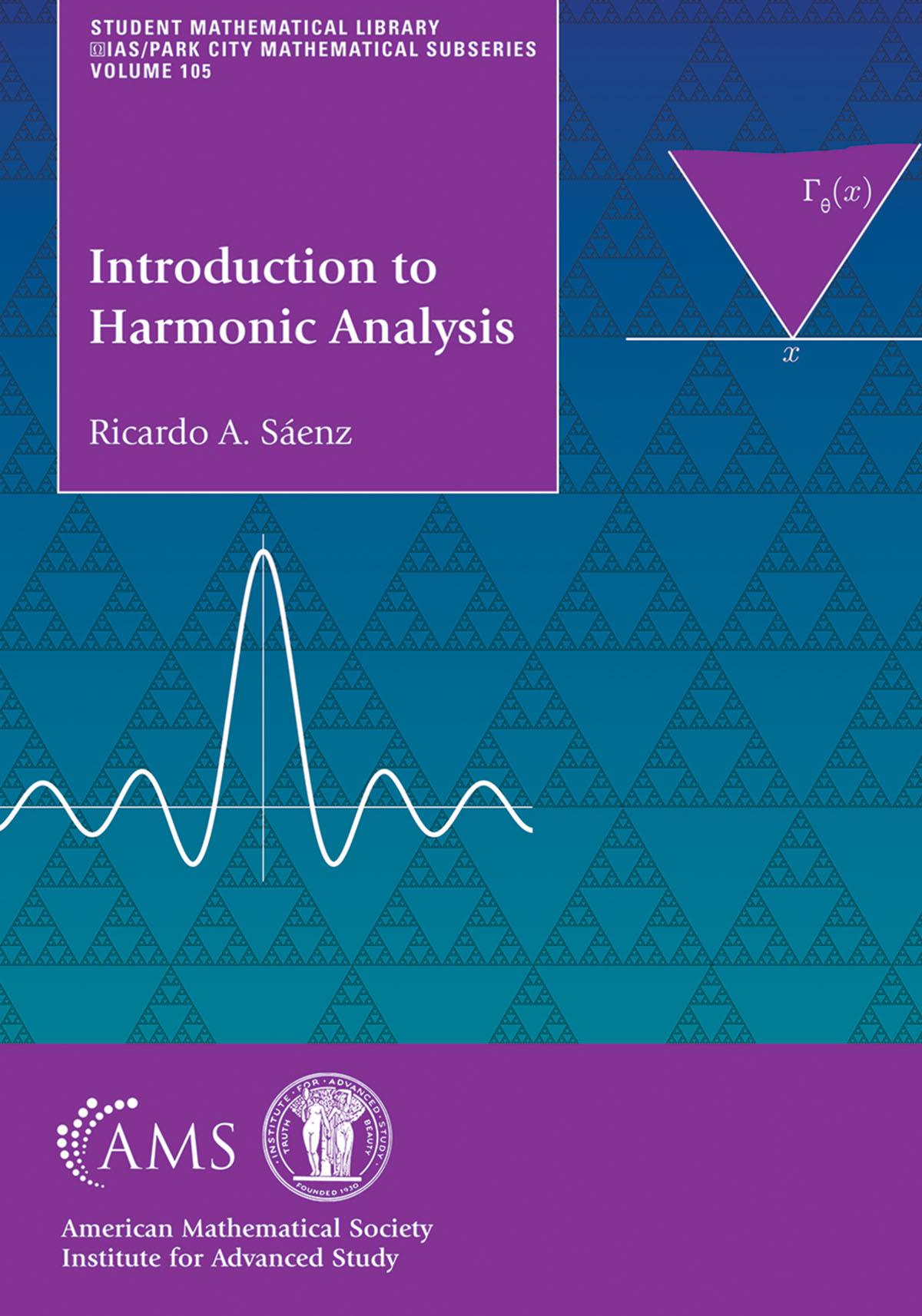 Book cover for Introduction to Harmonic Analysis. Cover is purple and blue with a pattern created by triangles.