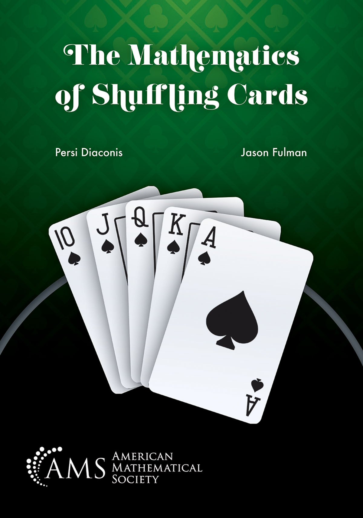Book cover titled "The Mathematics of Shuffling Cards" by Jason Fulman and Persi Diaconis, with playing cards fanned out on a green patterned background.